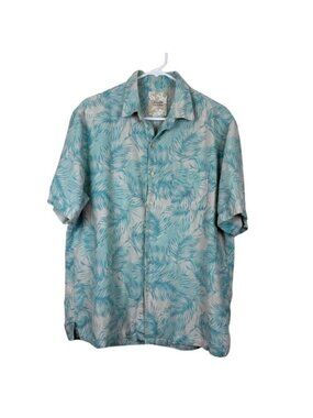Tasso Elba Island Silk Linen Hawaiian Shirt Large Blue Palm Tropical Resortcore